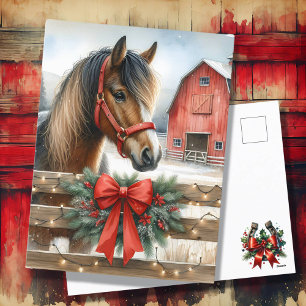 Festive Horse and Red Rustic Barn Christmas Holiday Postcard