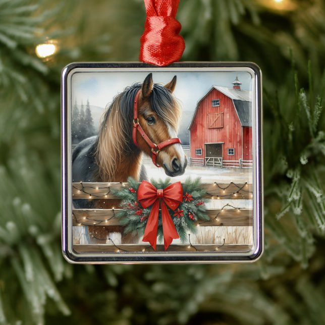 Festive Horse and Red Rustic Barn Christmas Metal Ornament (Tree)