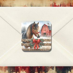 Festive Horse and Red Rustic Barn Christmas Square Sticker