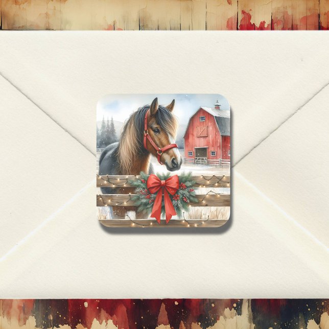 Festive Horse and Red Rustic Barn Christmas Square Sticker (Creator Uploaded)