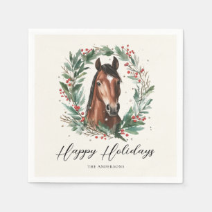 Festive Horse Christmas Wreath Happy Holidays Napkin