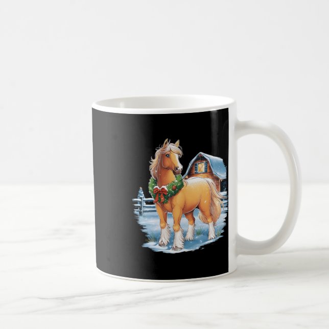 Festive Horse With Wreath In Snowy Rnyard Scene  Coffee Mug (Right)