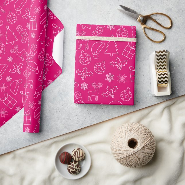 Festive Hot Pink & White Winter Christmas Pattern Wrapping Paper (Crafts)