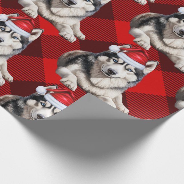 Festive Husky Dog and Red Buffalo Plaid Christmas Wrapping Paper (Corner)