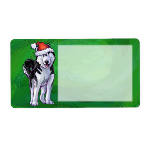 Festive Husky in Santa Hat on Green