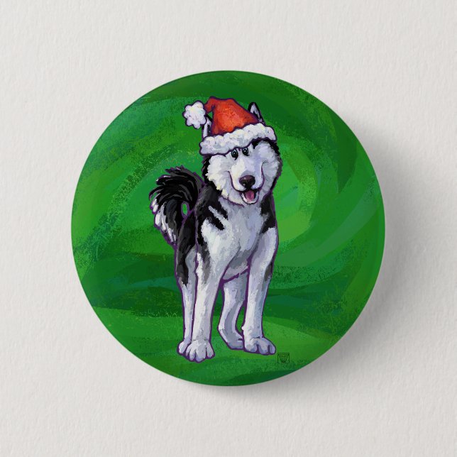 Festive Husky in Santa Hat on Green 6 Cm Round Badge (Front)