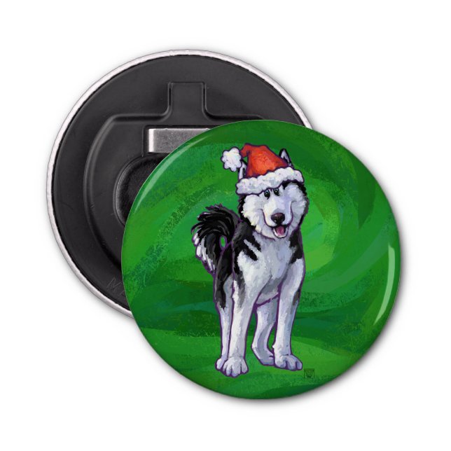 Festive Husky in Santa Hat on Green Bottle Opener (Front)
