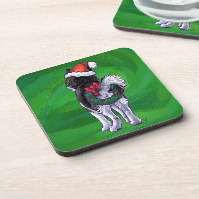 Festive Husky in Santa Hat on Green Coaster (Left Side)