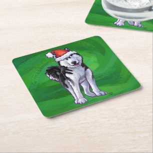 Festive Husky in Santa Hat on Green Square Paper Coaster
