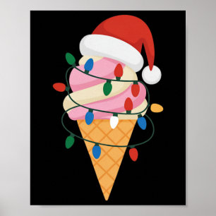 Festive Ice Cream With Christmas Lights And Santa Poster