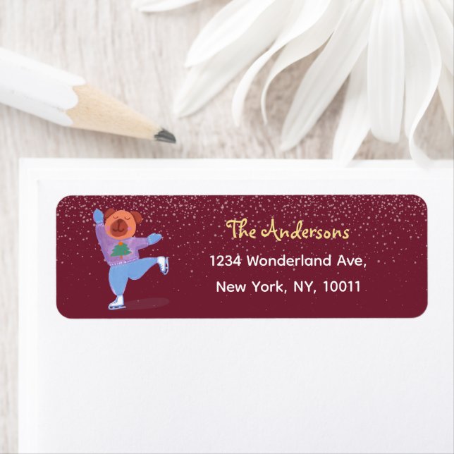 Festive Ice Skating Dog Dark Red Return Address Label (Insitu)