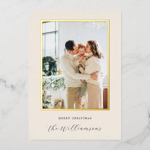 Festive Ivory Black Script Name Christmas Photo Foil Holiday Card