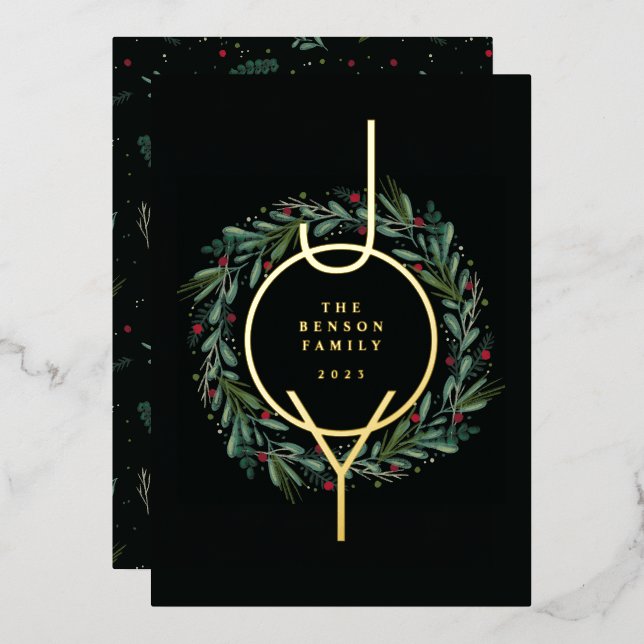 Festive JOY Christmas Wreath Leaves Berries Foil Holiday Card (Front/Back)