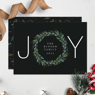 Festive JOY Christmas Wreath Leaves Berries Holiday Card