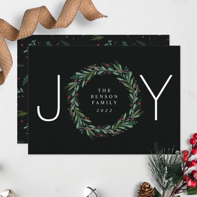 Festive JOY Christmas Wreath Leaves Berries Holiday Card (Creator Uploaded)
