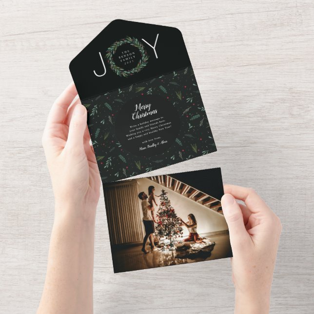 Festive JOY Christmas Wreath Moss 1 Photo All In One Invitation (Tearaway)