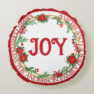 Festive Joy Gold Red Green Leaves Christmas Wreath Round Cushion