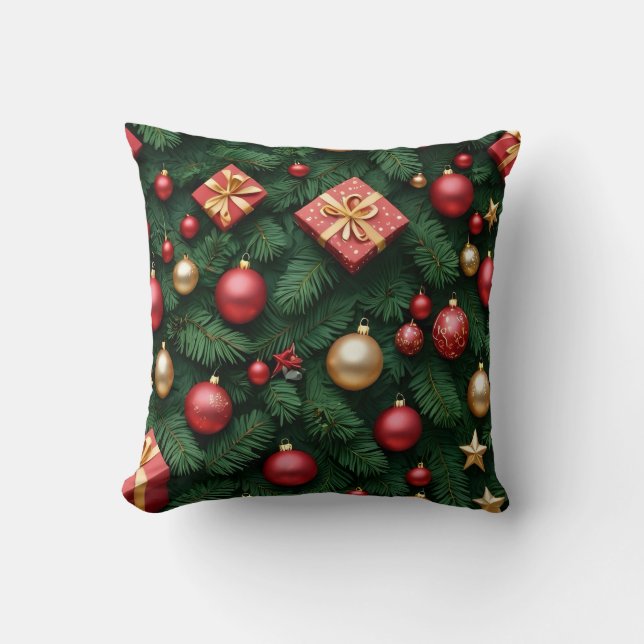 "Festive Joy — Red & Gold Christmas Magic" Cushion (Front)