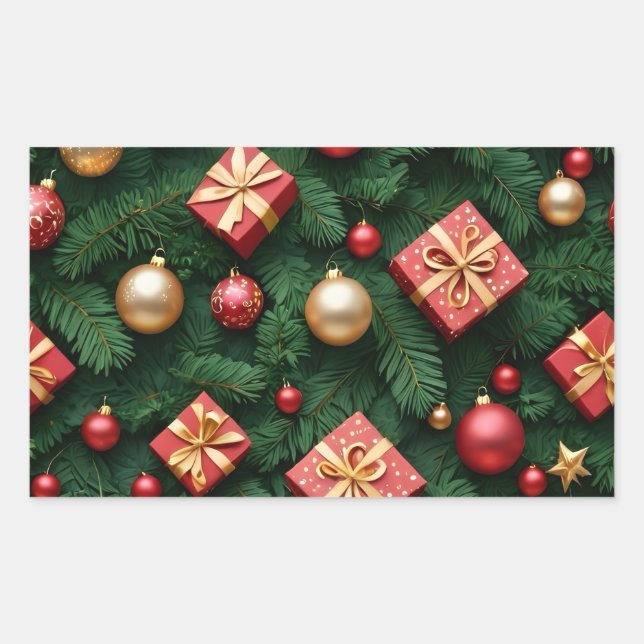 "Festive Joy — Red & Gold Christmas Magic" Rectangular Sticker (Front)