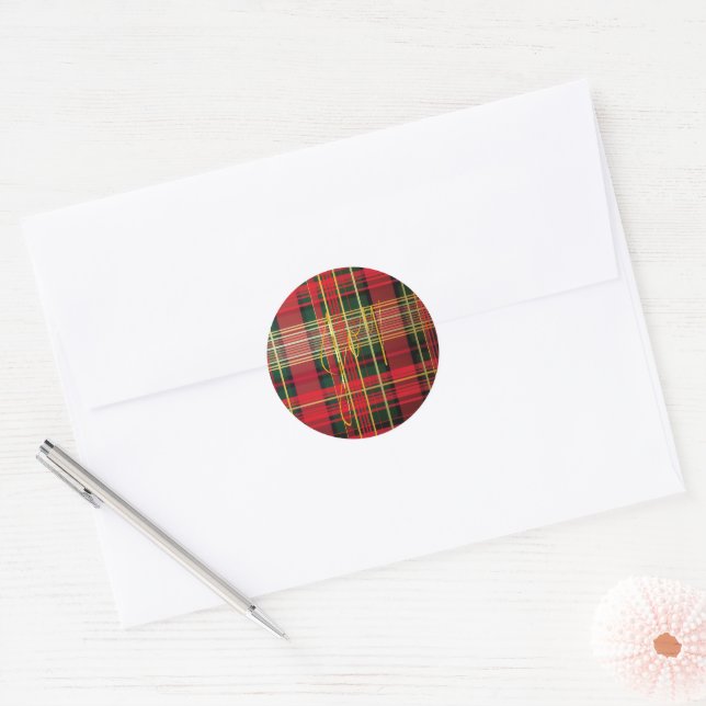 Festive 'Joy' Script Christmas Tartan  Classic Round Sticker (Envelope)