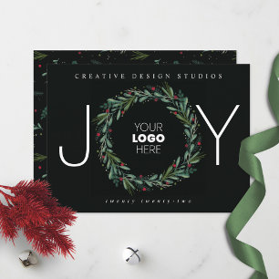 Festive JOY Wreath Leaves Berries Business Holiday Card