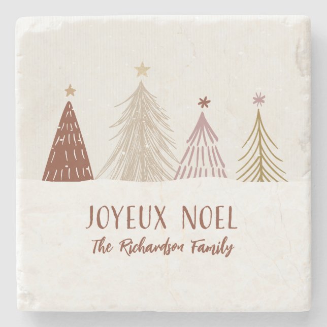 Festive Joyeux Noel Christmas Holiday Family Stone Coaster (Front)