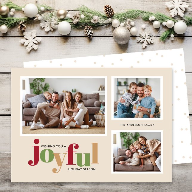 Festive Joyful 3 Photo Christmas Holiday Card (Creator Uploaded)