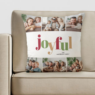 Festive Joyful Typography Multi Photo Christmas Cushion