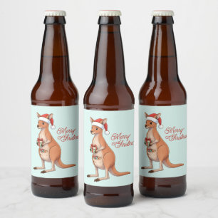 Festive Kangaroo With Santa Hat Christmas Holidays Beer Bottle Label