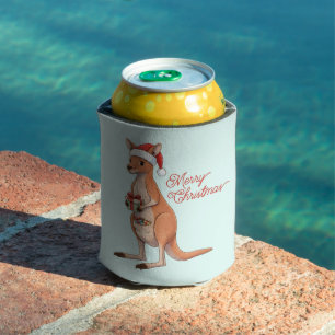 Festive Kangaroo With Santa Hat Christmas Holidays Can Cooler