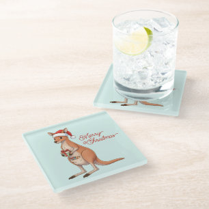 Festive Kangaroo With Santa Hat Christmas Holidays Glass Coaster
