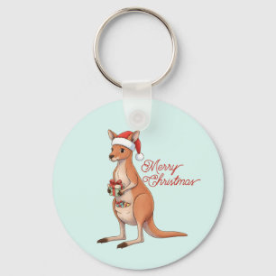 Festive Kangaroo With Santa Hat Christmas Holidays Key Ring