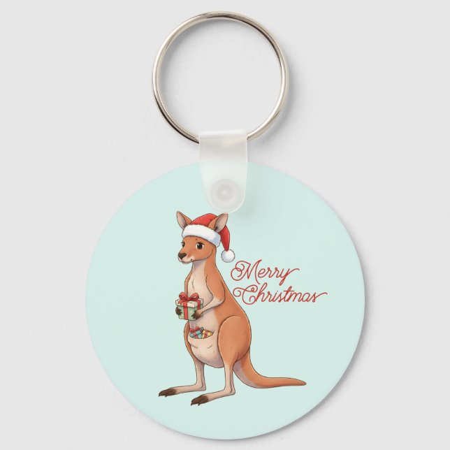Festive Kangaroo With Santa Hat Christmas Holidays Key Ring (Front)
