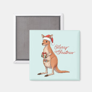 Festive Kangaroo With Santa Hat Christmas Holidays Magnet