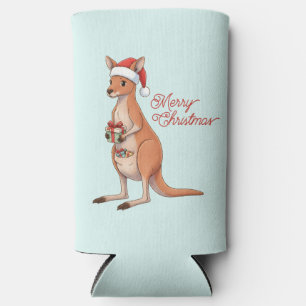 Festive Kangaroo With Santa Hat Christmas Holidays Seltzer Can Cooler