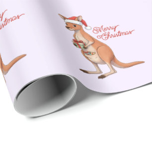 Festive Kangaroo With Santa Hat Christmas Holidays Wrapping Paper
