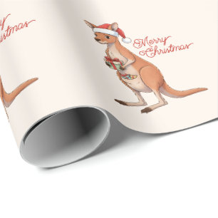 Festive Kangaroo With Santa Hat Christmas Holidays Wrapping Paper