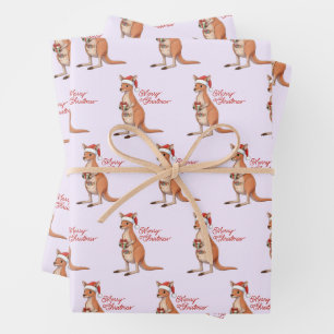 Festive Kangaroo With Santa Hat Christmas Holidays Wrapping Paper Sheet