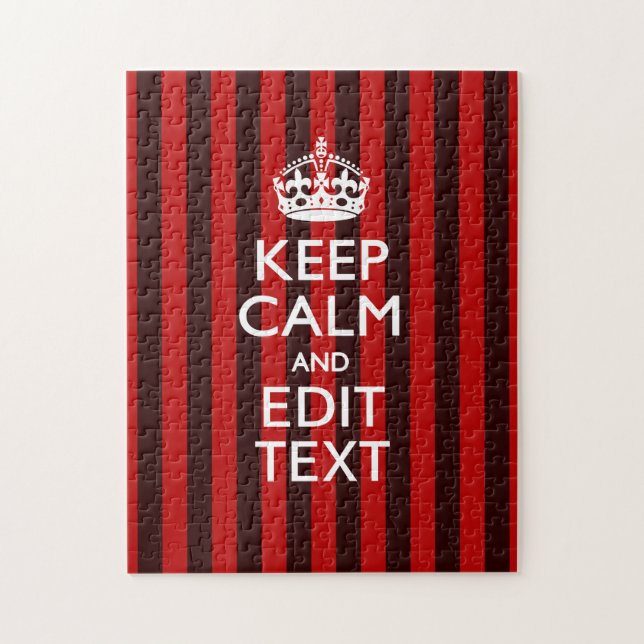 Festive Keep Calm Your Text on Red Stripes Jigsaw Puzzle (Vertical)