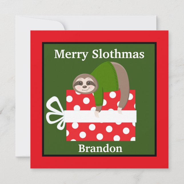 Festive kids sloth add name and sentiment Holiday Card (Front)
