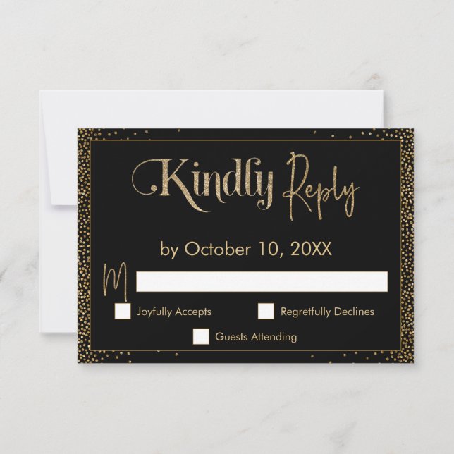 Festive Kindly Reply Faux Gold Confetti on Black RSVP Card (Front)