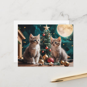 Festive Kittens by Christmas Tree Under Full Moon Postcard