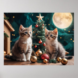 Festive Kittens by Christmas Tree Under Full Moon Poster