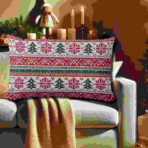 Festive Knitted-Pattern with Stars Lumbar Cushion