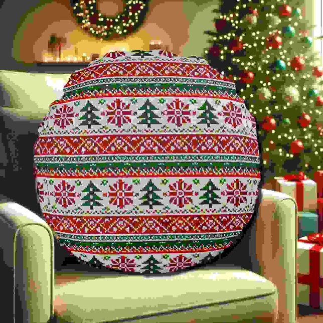 Festive Knitted-Pattern  with Stars  Round Cushion (Creator Uploaded)