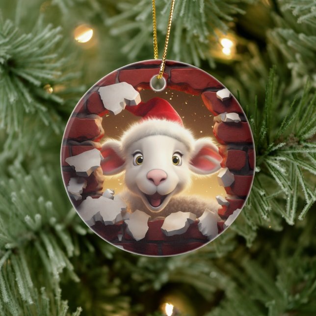 Festive Lamb in Santa Hat - 3D Ceramic Ornament (Tree)