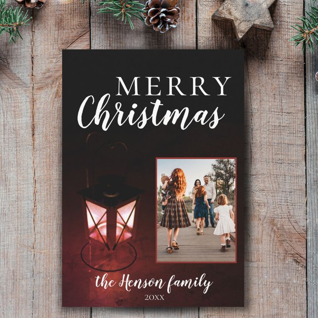 Festive Lantern in Dark Christmas Family Photo Holiday Card (Creator Uploaded)