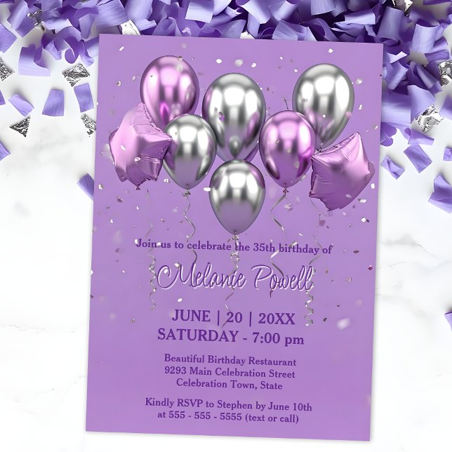 Festive Lavender and Silver Star Balloons Birthday Invitation (Creator Uploaded)