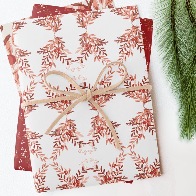 Festive Leafy Floral Christmas Traditional Red Wrapping Paper Sheet (Creator Uploaded)