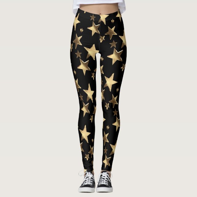 Festive Leggings Black Gold Christmas Stars (Front)